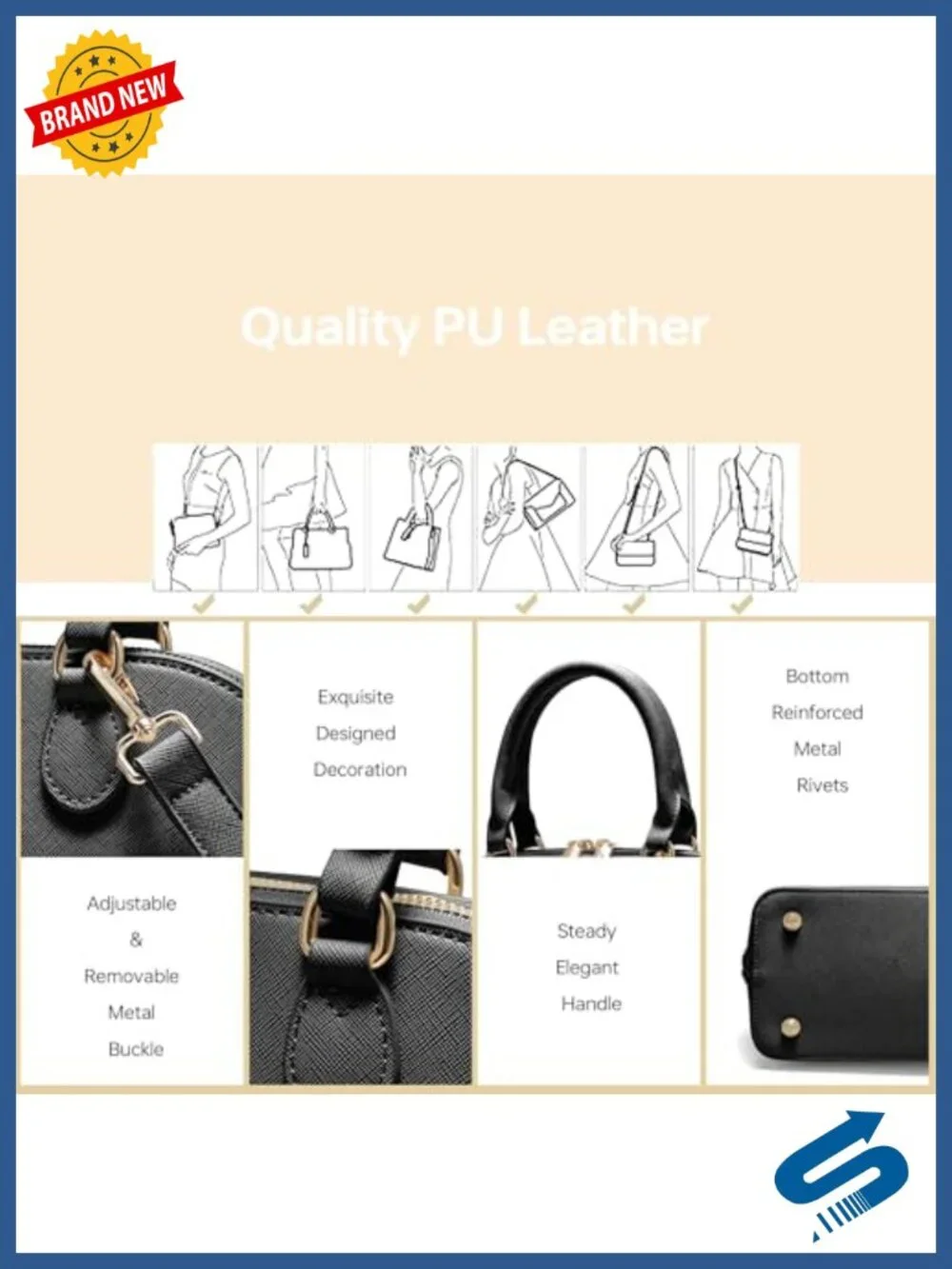 Vegan Leather Satchel Crossbody Bag with Gold Hardware